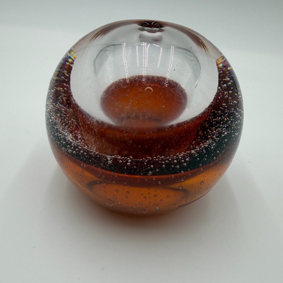 Vintage amber Murano art glass paperweight featuring controlled bubbles